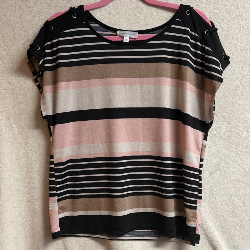 Striped Short Sleeve Scoop Neck Top in Pink, Black & Tan